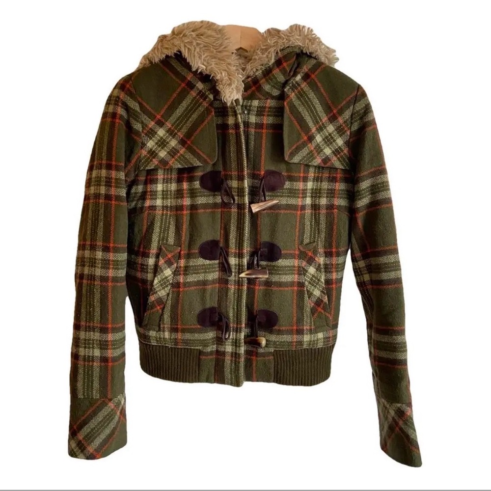 Vintage Juicy Couture Green and Brown Plaid Jacket with Faux Fur Lining